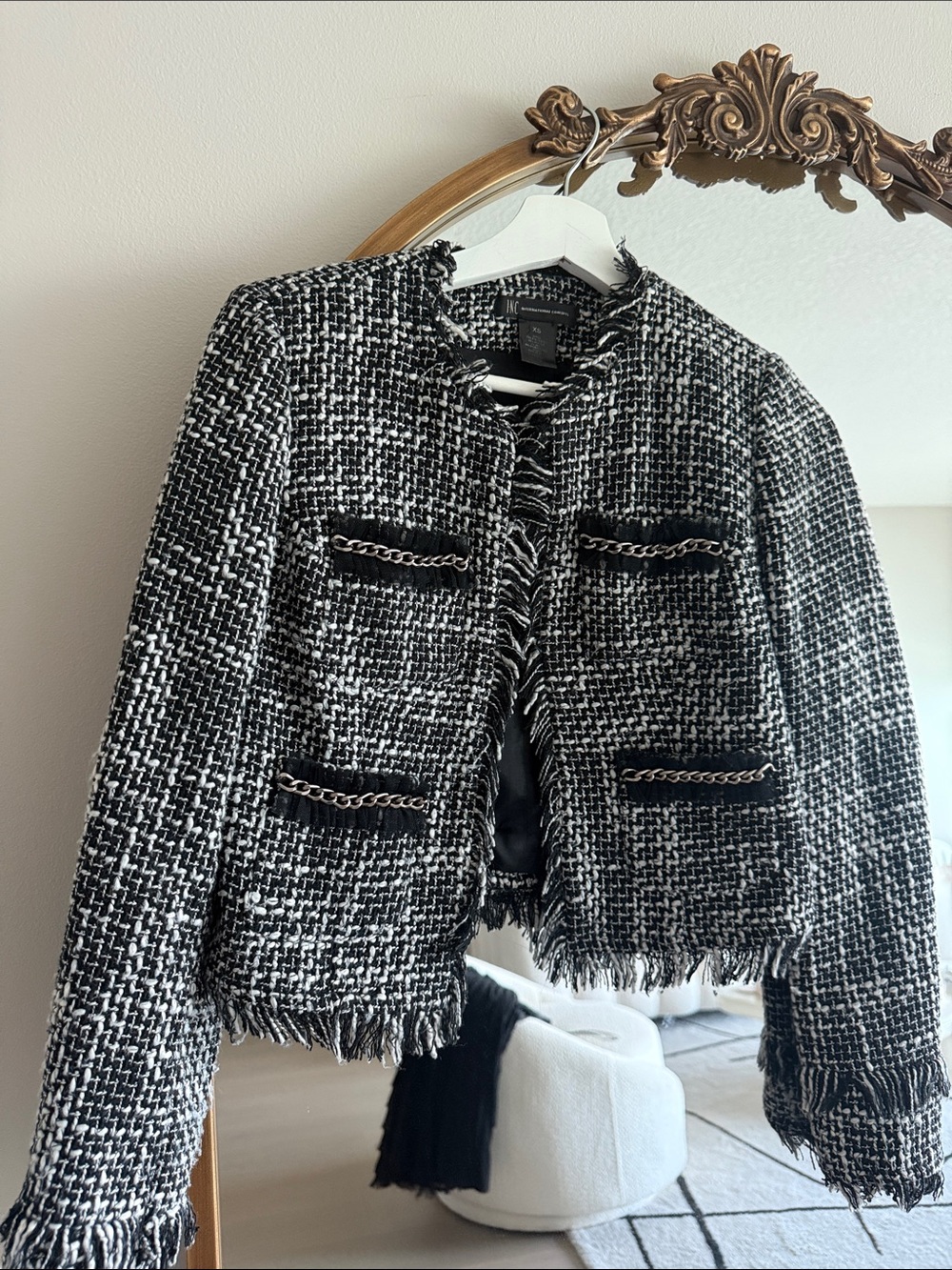 INC International Concepts Black & White Tweed Fringe Jacket